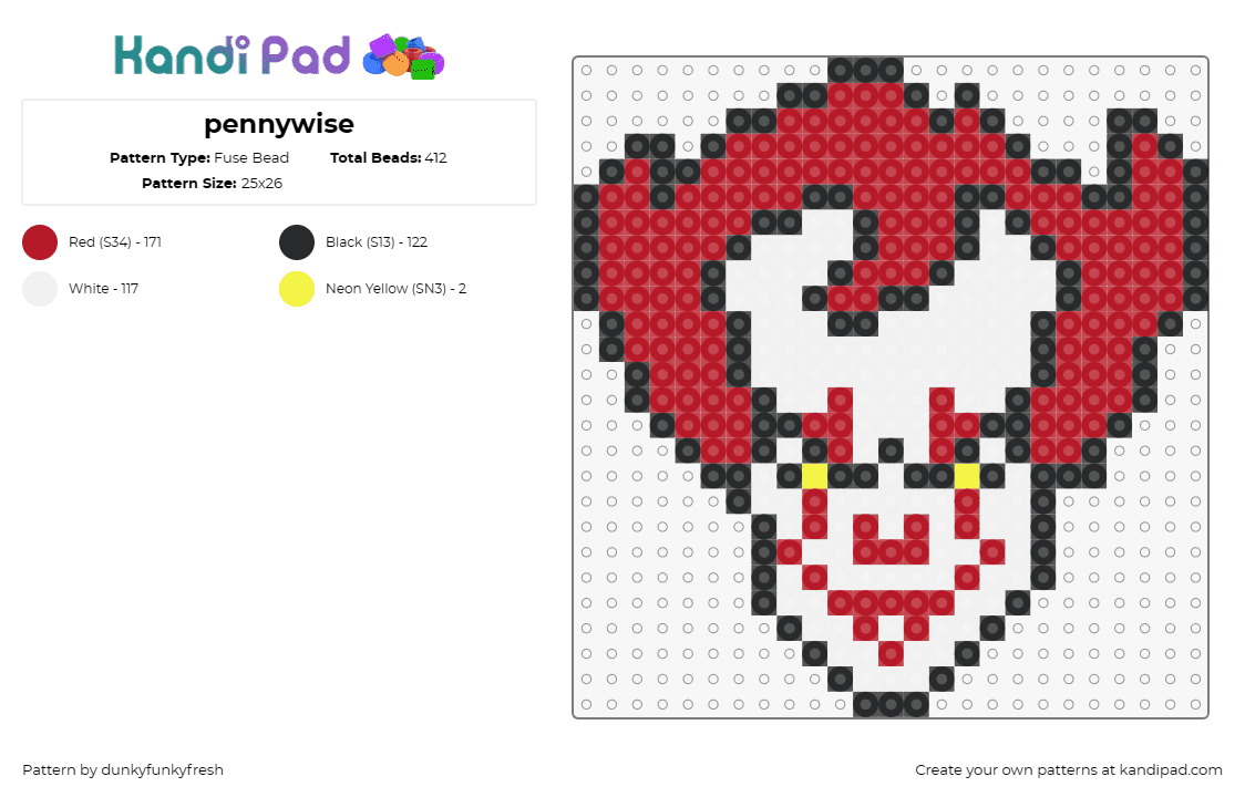 pennywise - Fuse Bead Pattern by dunkyfunkyfresh on Kandi Pad - pennywise,it,clown,scary,movie,book,character,horror,chilling,icon,frightening,t