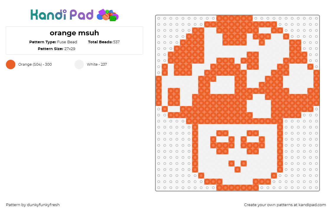 orange msuh - Fuse Bead Pattern by dunkyfunkyfresh on Kandi Pad - mushroom,fungus,face,happy,nature,orange,white