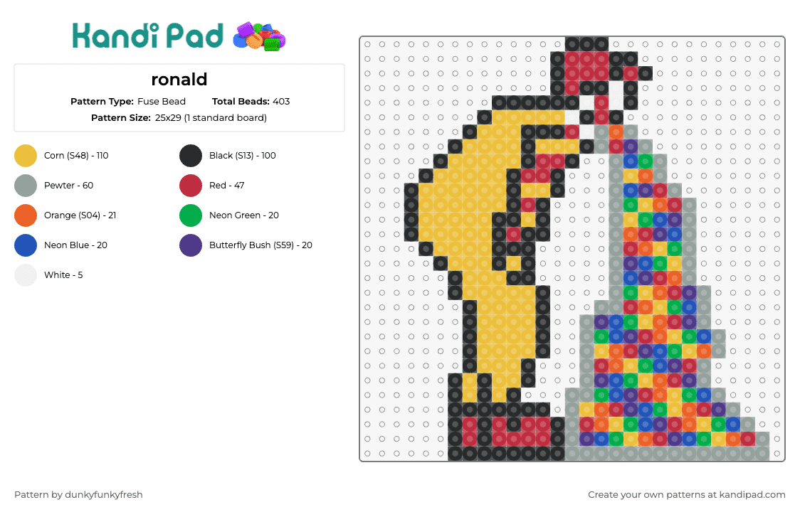 ronald - Fuse Bead Pattern by dunkyfunkyfresh on Kandi Pad - ronald mcdonald,clown,commit,throw up,colorful,funny,whimsy,humor,playful,yellow