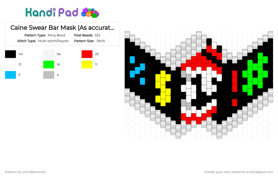 Caine Swear Bar Mask (As accurate as I can okay - Pony Bead Pattern by aztrid-bakugo on Kandi Pad - black,white,red,green,tadc,caine,noswearing,zooble,swear,mask,digitalcircus