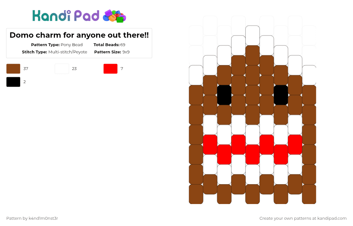 Domo charm for anyone out there!! - Pony Bead Pattern by k4nd1m0nst3r on Kandi Pad - white,red