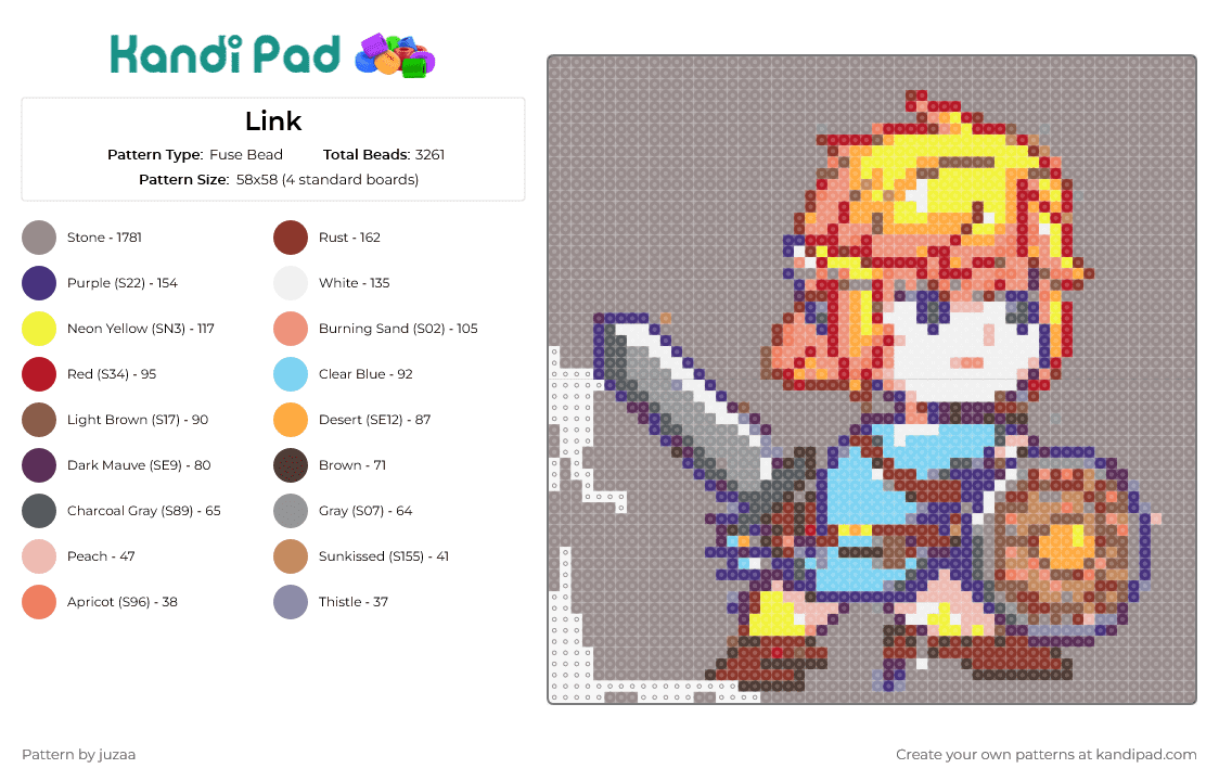 Link - Fuse Bead Pattern by juzaa on Kandi Pad - link,legend of zelda,video game,hero,adventure,shield,sword,fantasy,hyrule,beige