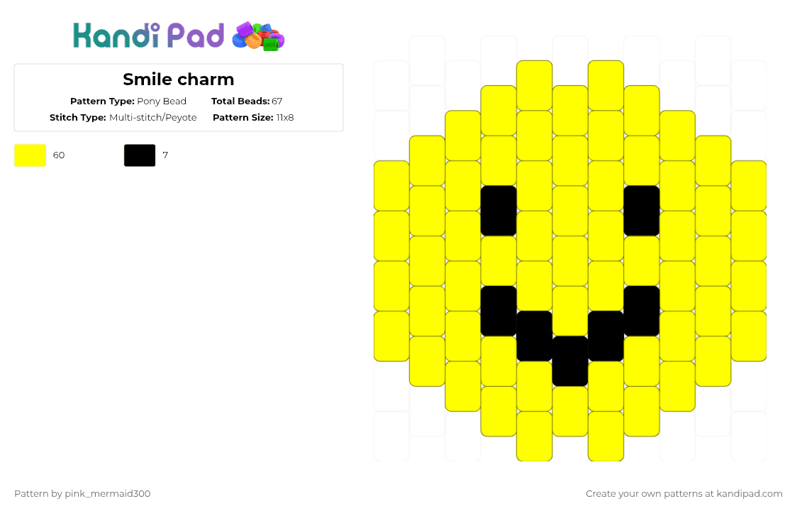 Smile charm - Pony Bead Pattern by pink_mermaid300 on Kandi Pad - yellow,smile,happy,face,happy face,smile face,happy af,idk