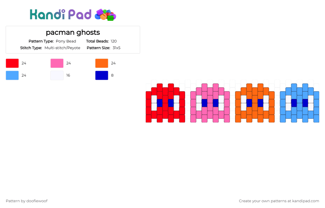 pacman ghost charms - Pony Bead Pattern by doofiewoof on Kandi Pad - red,pink,orange,light blue,pacman