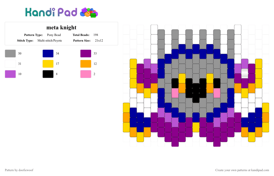 meta knight - Pony Bead Pattern by doofiewoof on Kandi Pad - purple,gray,pink,kirby,meta knight