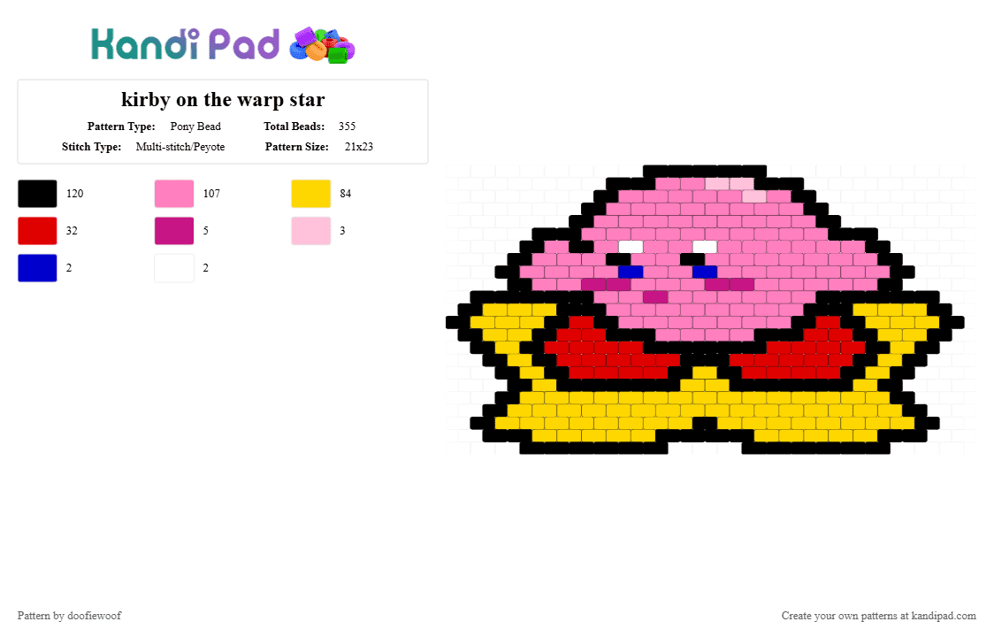 kirby on the warp star - Pony Bead Pattern by doofiewoof on Kandi Pad - pink,yellow,kirby,red
