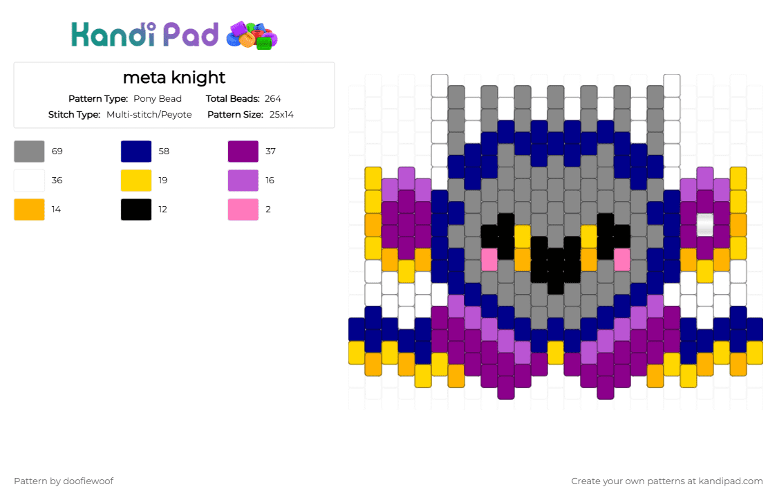 meta knight - Pony Bead Pattern by doofiewoof on Kandi Pad - gray,purple,pink,meta knight,kirby,blue