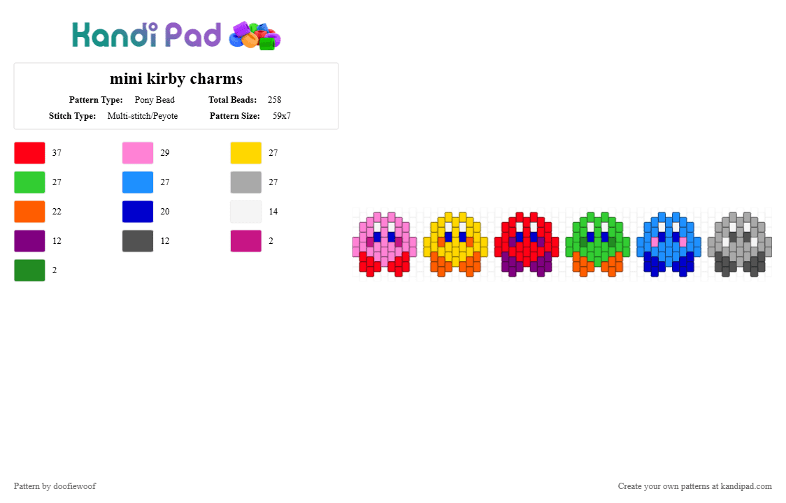 mini kirby charms - Pony Bead Pattern by doofiewoof on Kandi Pad - pink,yellow,light blue,colorful,kirby
