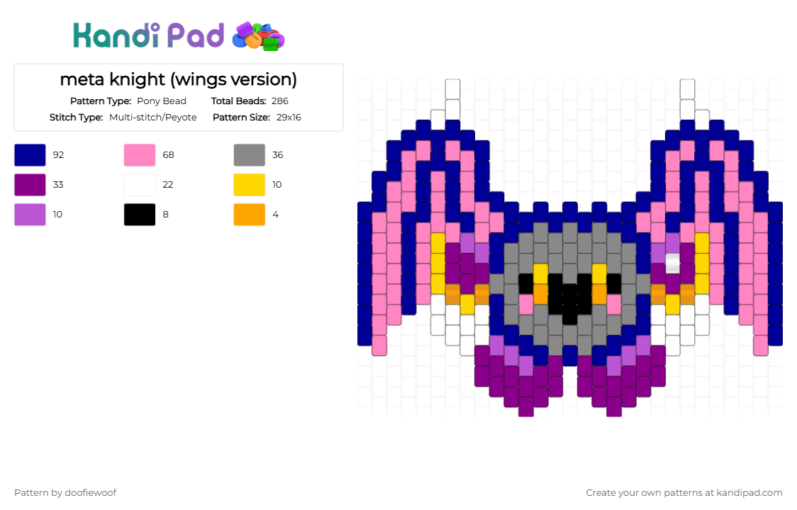 meta knight (wings version) - Pony Bead Pattern by doofiewoof on Kandi Pad - purple,pink,kirby,meta knight