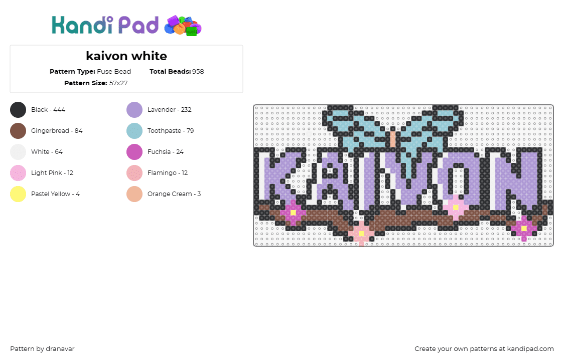 kaivon white - Fuse Bead Pattern by dranavar on Kandi Pad - kaivon,dj,flowers,butterfly,music,edm,nature,serenity,festival,purple