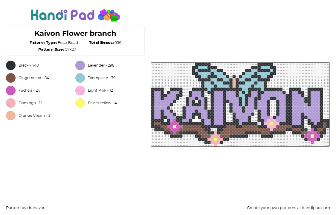 Kaivon Flower branch - Fuse Bead Pattern by dranavar on Kandi Pad - kaivon,dj,flowers,butterfly,music,edm,nature,serene,delicate,textual,purple