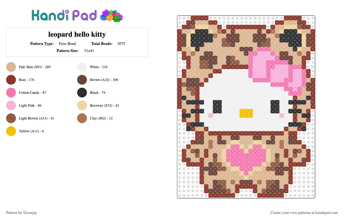 leopard hello kitty - Fuse Bead Pattern by lilaznjay on Kandi Pad - red,beige,pink