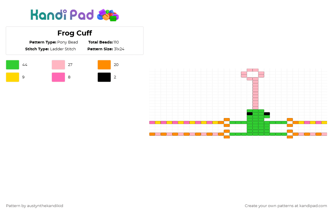 Frog Cuff - Pony Bead Pattern by austynthekandikid on Kandi Pad - bracelet, cuff, cute, frog, green, pink, skill
