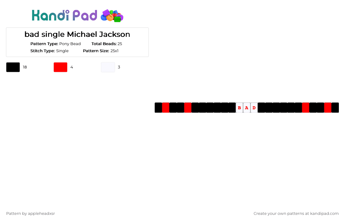 bad single Michael Jackson - Pony Bead Pattern by appleheadxmj on Kandi Pad - black,red,white,michaeljackson,bad,mj,bracelet,single