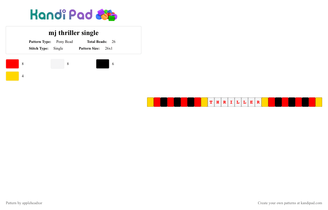 mj thriller single - Pony Bead Pattern by appleheadxmj on Kandi Pad - red,yellow,michaeljackson,thriller,black,ilovemichaeljacksonhesmyman