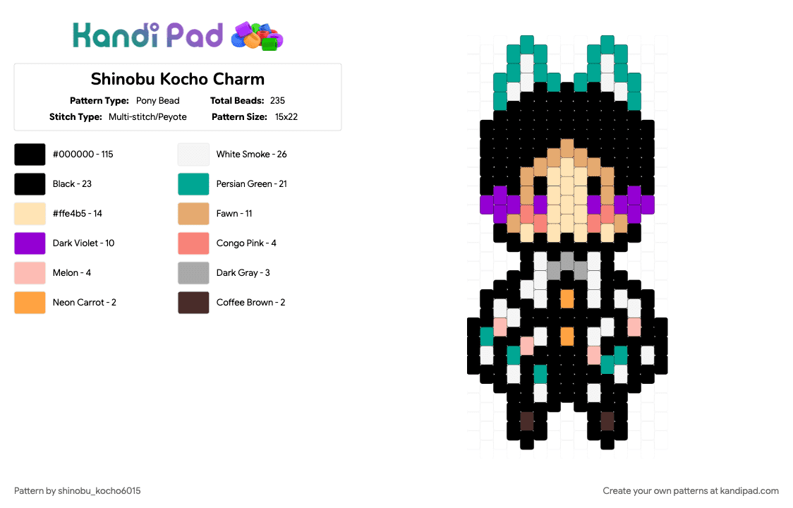 Shinobu Kocho Charm - Pony Bead Pattern by shinobu_kocho6015 on Kandi Pad - anime, beige, big, black, charm, cute, orange, shinobu, teal