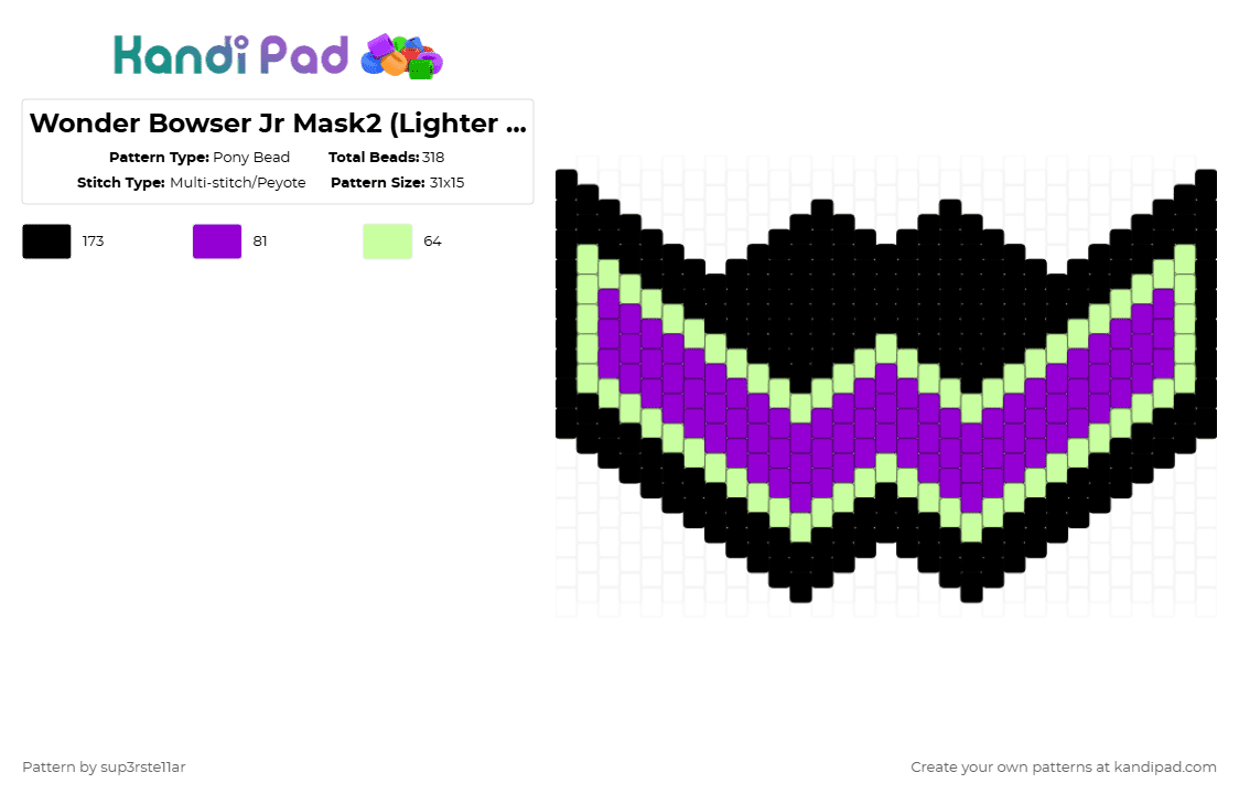 Wonder Bowser Jr Mask2 (Lighter Grn) - Pony Bead Pattern by sup3rste11ar on Kandi Pad - yellow,purple