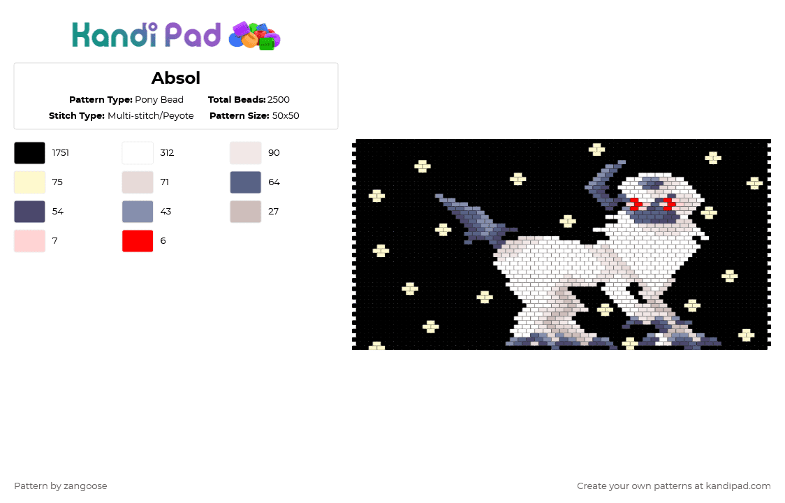 Absol - Pony Bead Pattern by zangoose on Kandi Pad - black,white,yellow,purple