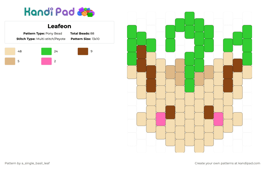 Leafeon - Pony Bead Pattern by a_single_basil_leaf on Kandi Pad - beige,green