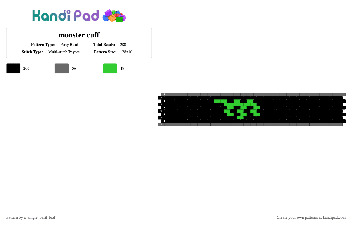 monster cuff - Pony Bead Pattern by a_single_basil_leaf on Kandi Pad - black,gray