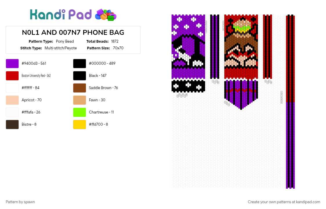N0L1 AND 007N7 PHONE BAG - Pony Bead Pattern by spawn on Kandi Pad - purple, red