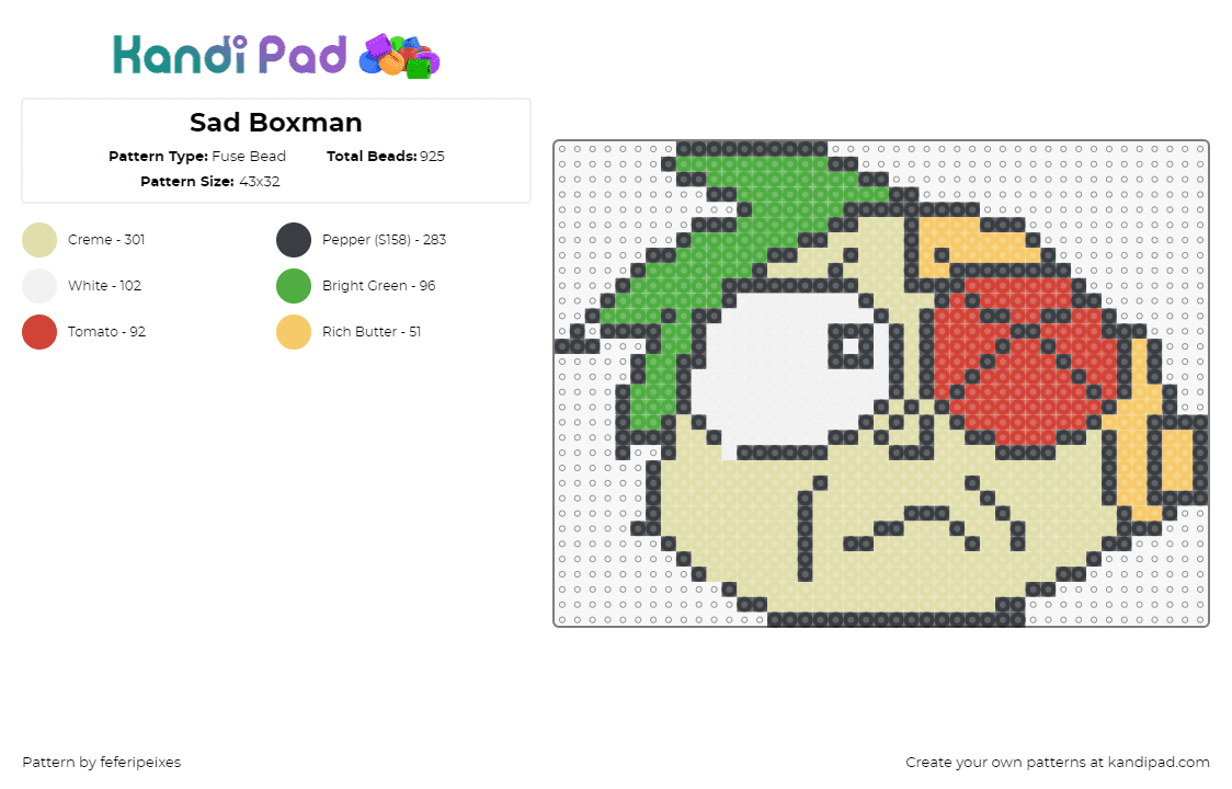 Sad Boxman - Fuse Bead Pattern by feferipeixes on Kandi Pad - lord boxman,ok ko,character,head,sad,eye,patch,cartoon,tv show,beige,green,red