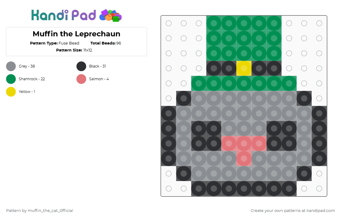 Muffin the Leprechaun - Fuse Bead Pattern by muffin_the_cat_0fficial on Kandi Pad - gray,green,cotdstpatricksday2026