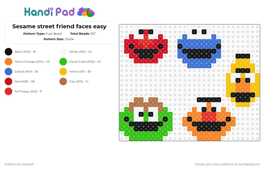 Sesame street friend faces easy - Fuse Bead Pattern by ttakas13 on Kandi Pad - red,green,orange,blue