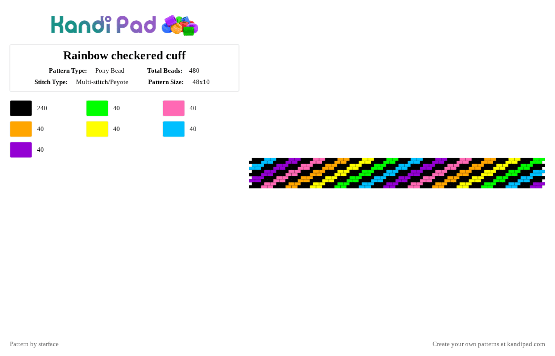 Rainbow checkered cuff - Pony Bead Pattern by starface on Kandi Pad - black,pink,yellow,purple,colorful