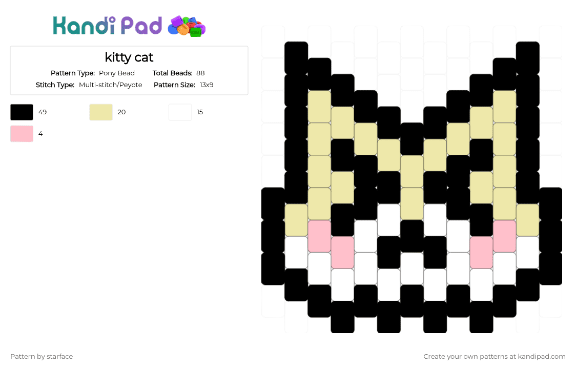 kitty cat - Pony Bead Pattern by starface on Kandi Pad - black,yellow