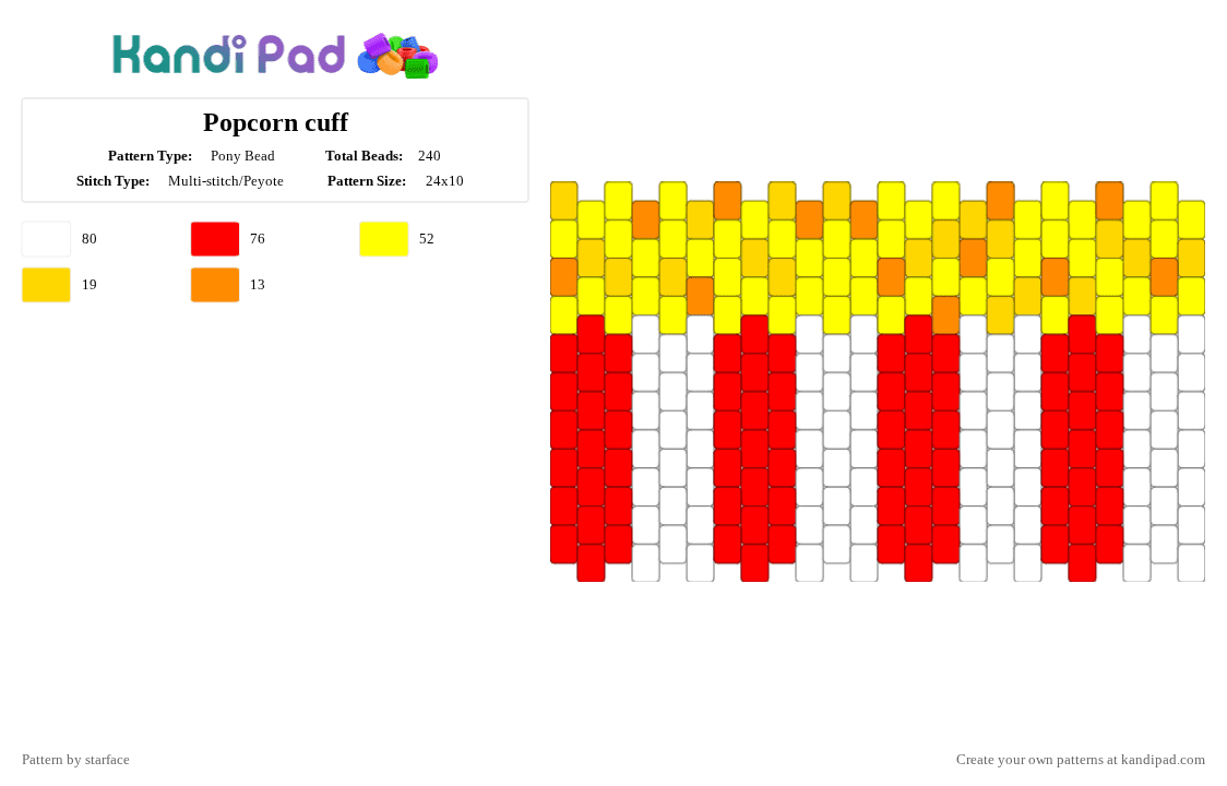 Popcorn cuff - Pony Bead Pattern by starface on Kandi Pad - red,yellow,cotdthemeparks