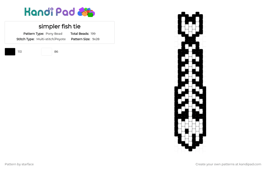 simpler fish tie - Pony Bead Pattern by starface on Kandi Pad - black, fish, tie, white