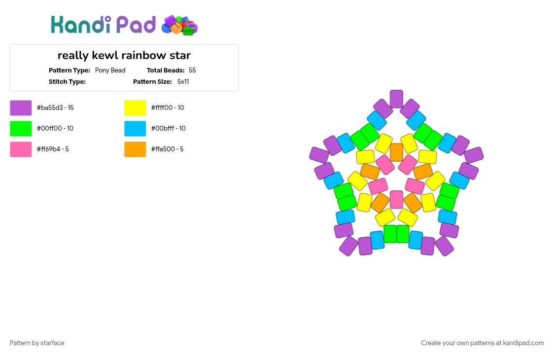 really kewl rainbow star - Pony Bead Pattern by starface on Kandi Pad - blue, green, orange, pink, purple, rainbow, star, yellow