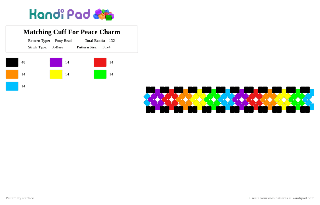 Matching Cuff For Peace Charm - Pony Bead Pattern by starface on Kandi Pad - red,yellow,light blue,colorful