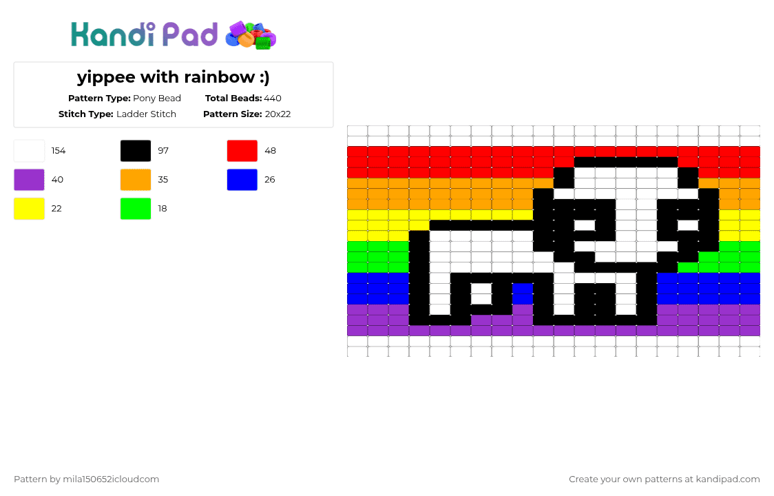 yippee with rainbow :) - Pony Bead Pattern by starface on Kandi Pad - white,red,orange,purple