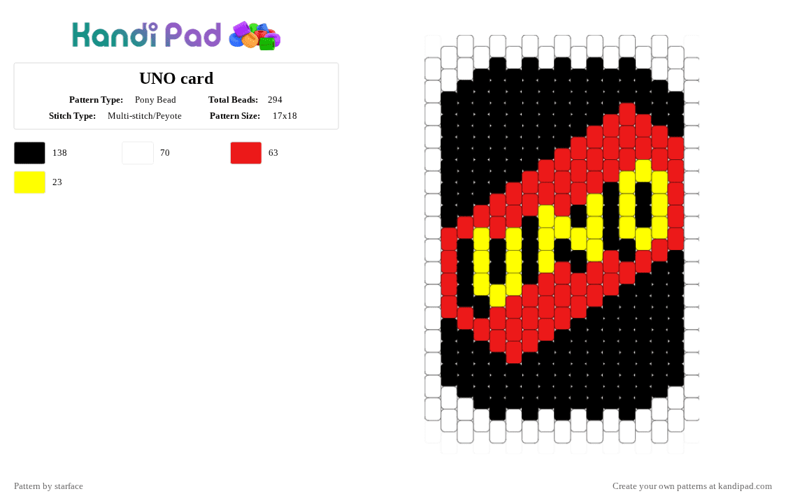 UNO card - Pony Bead Pattern by starface on Kandi Pad - red,yellow