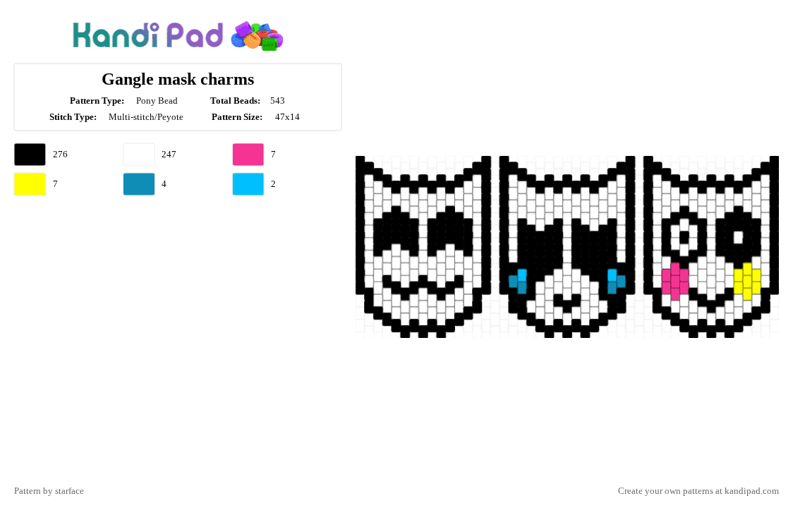 Gangle mask charms - Pony Bead Pattern by starface on Kandi Pad - black,white,pink,yellow