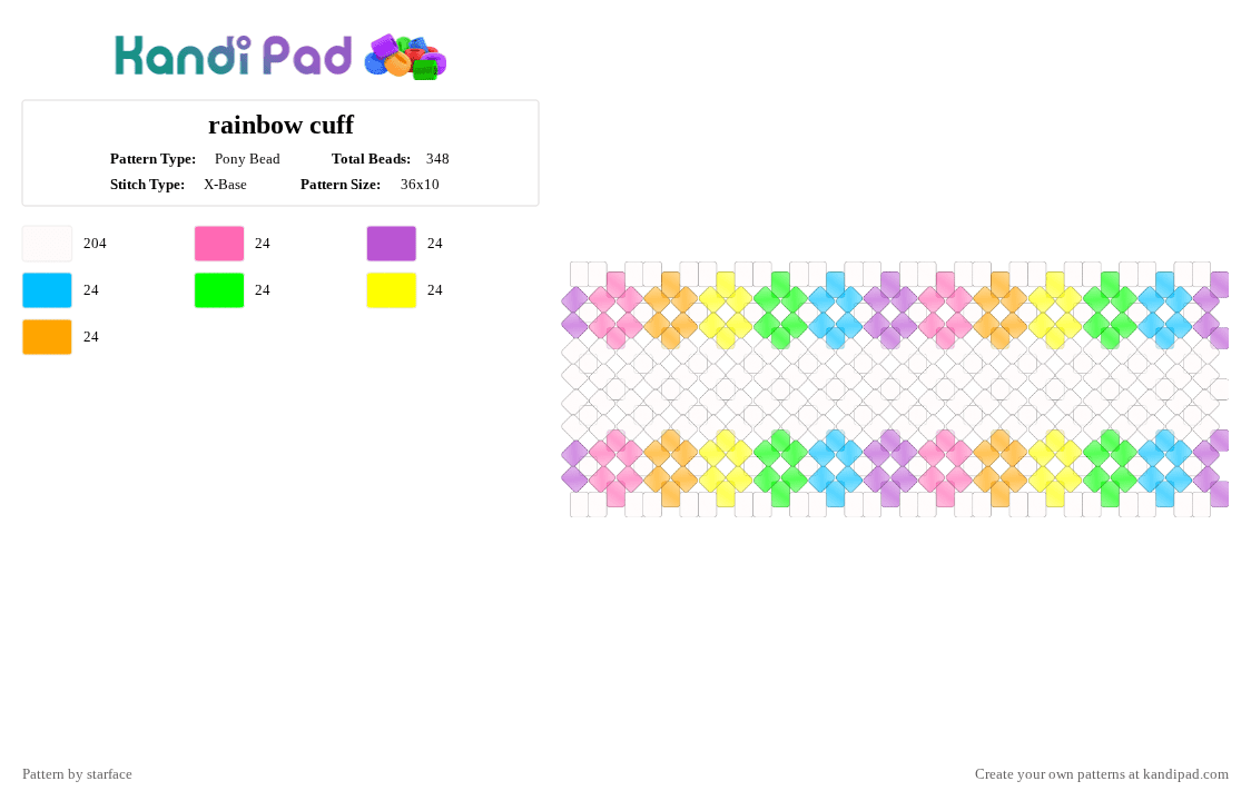 rainbow cuff - Pony Bead Pattern by starface on Kandi Pad - blue, green, orange, pink, purple, rainbow, white, yellow