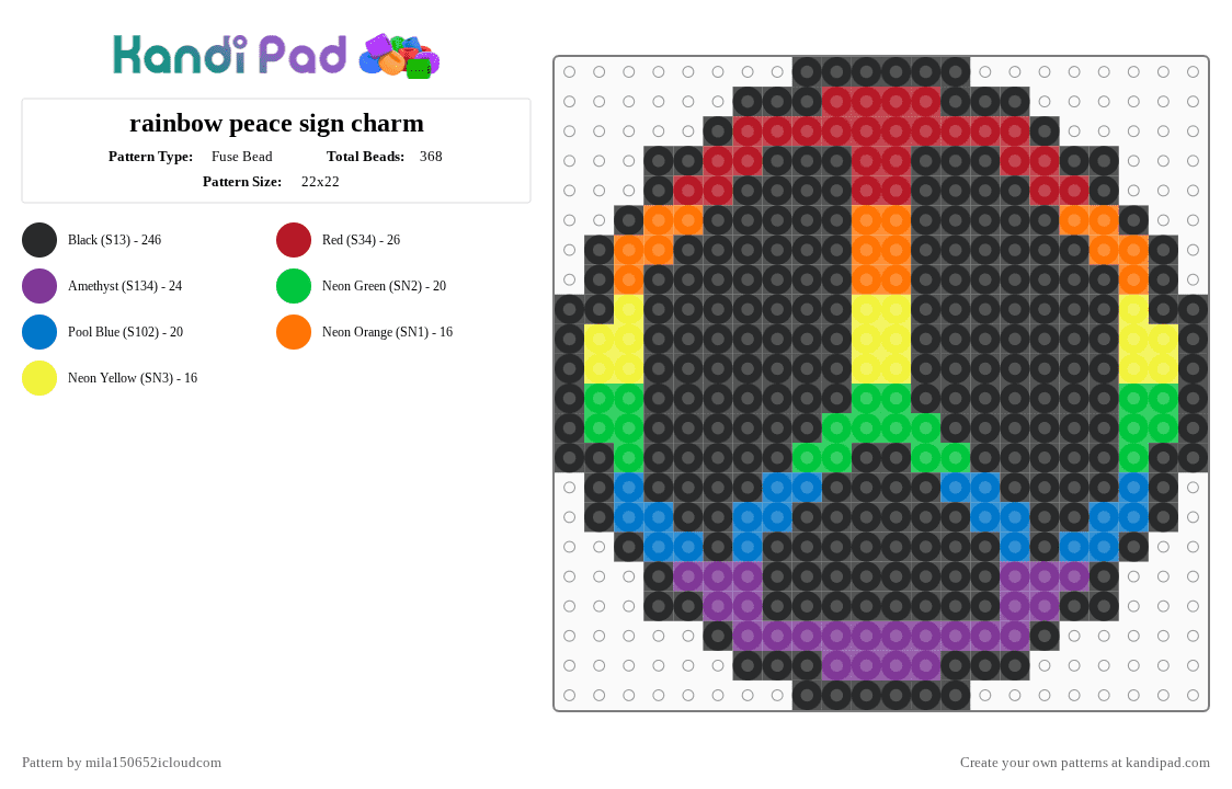 rainbow peace sign charm - Fuse Bead Pattern by starface on Kandi Pad - black,green,pink,colorful