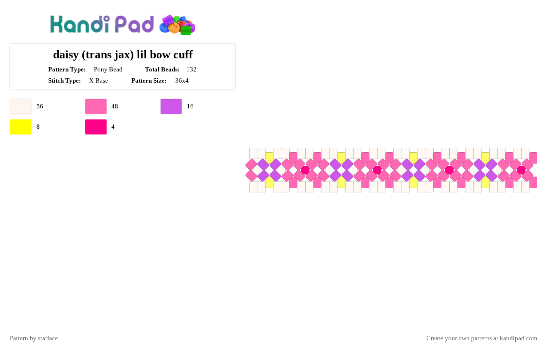 daisy (trans jax) lil bow cuff - Pony Bead Pattern by starface on Kandi Pad - pink,jax,white,daisy,purple,yellow,tadc