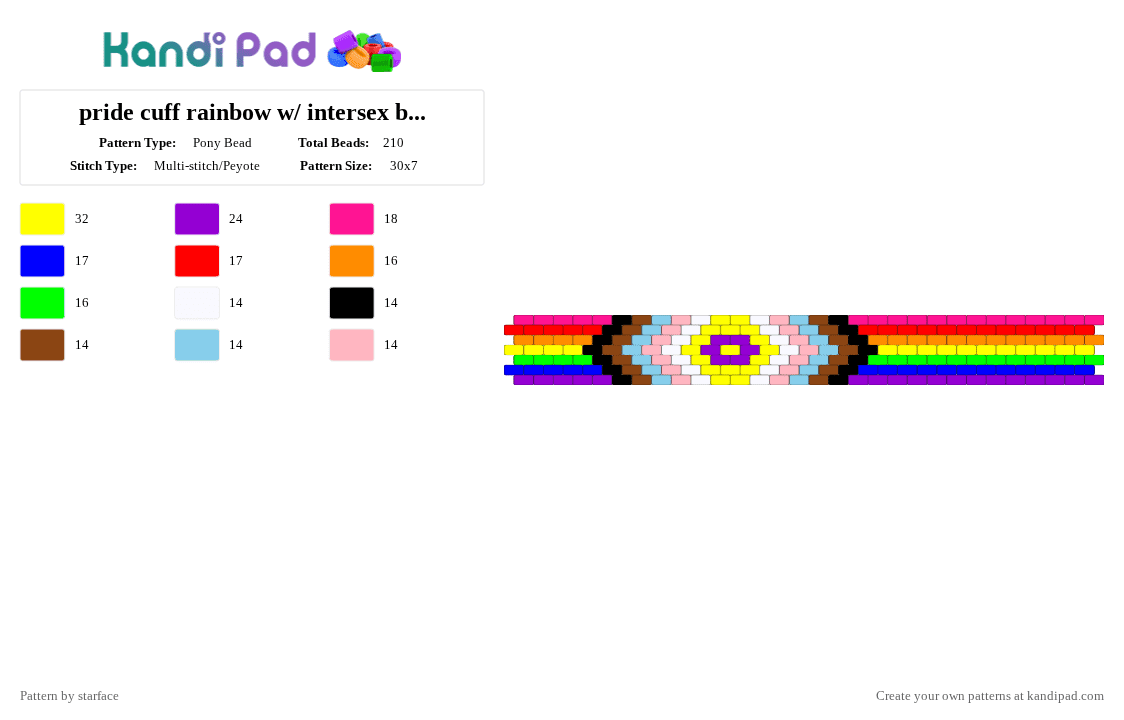 pride cuff rainbow w/ intersex both ways - Pony Bead Pattern by starface on Kandi Pad - yellow,purple,red,pink