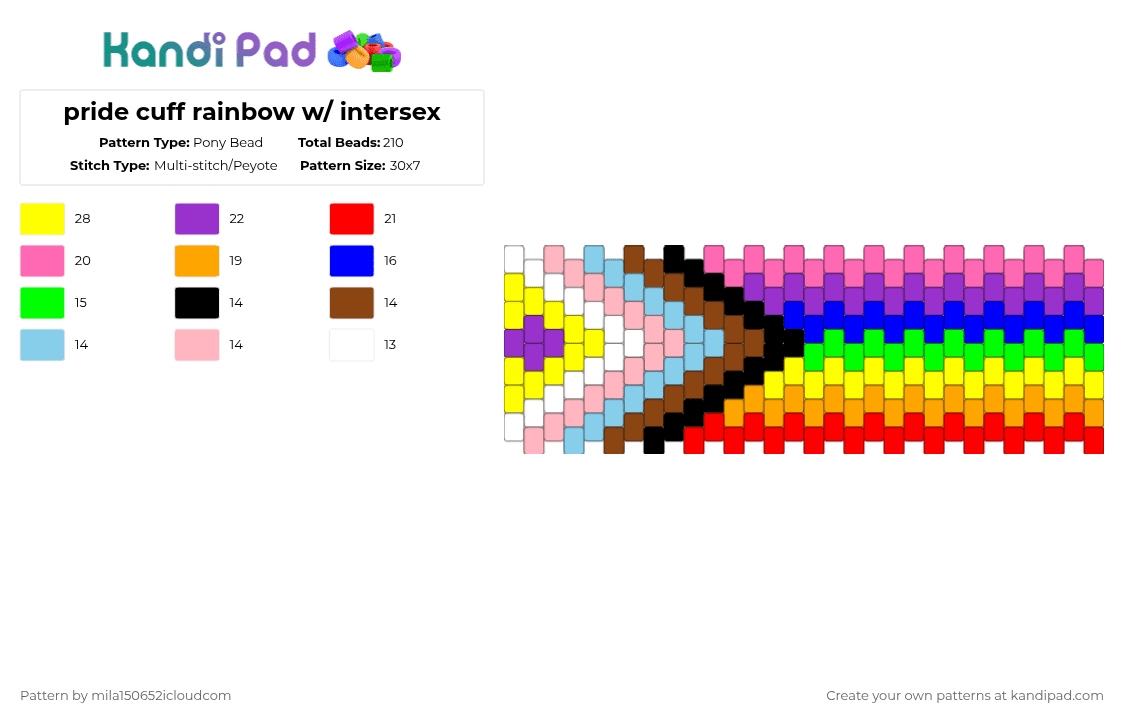 pride cuff rainbow w/ intersex - Pony Bead Pattern by starface on Kandi Pad - red,yellow,purple,pink