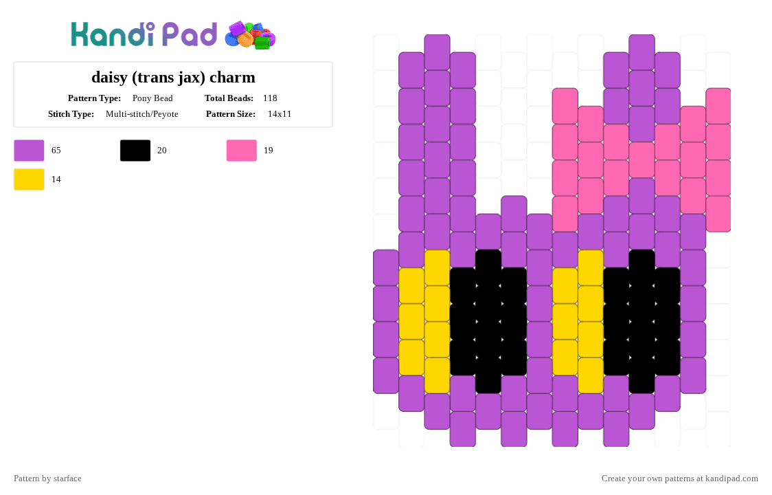 daisy (trans jax) charm - Pony Bead Pattern by starface on Kandi Pad - pink,daisy,purple,black,jax,charm,yellow