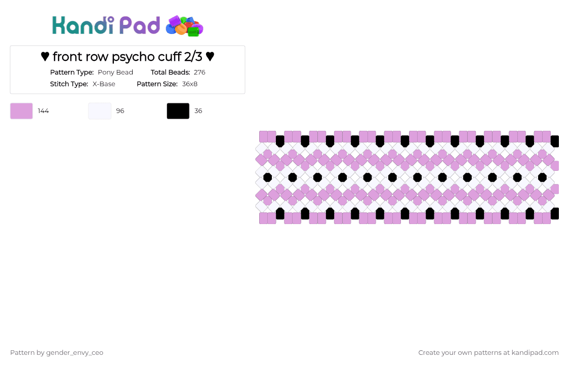 ♥︎ front row psycho cuff 2/3 ♥︎ - Pony Bead Pattern by gender_envy_ceo on Kandi Pad - pink,white