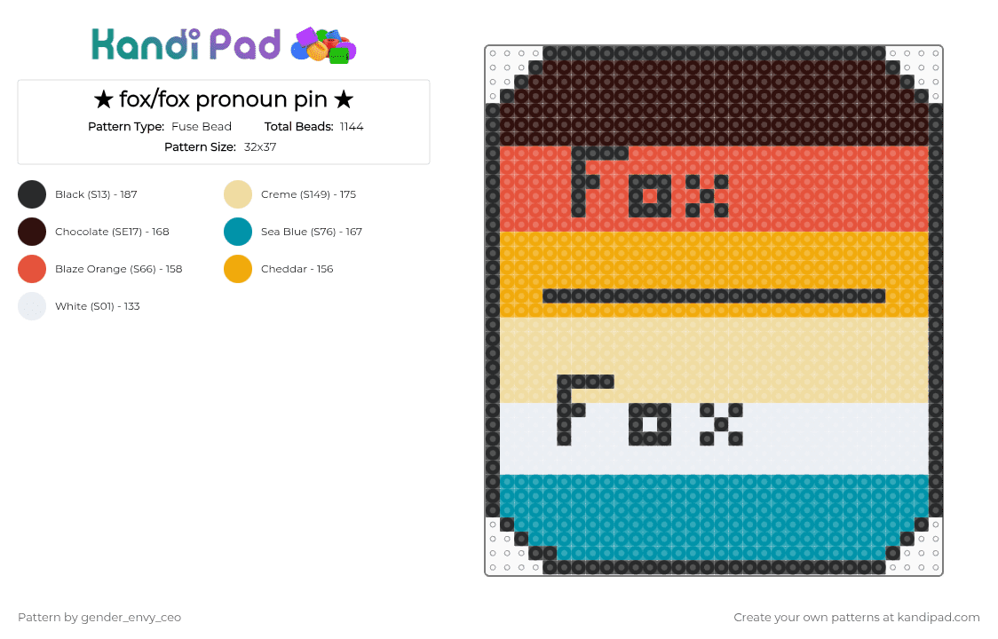 ★ fox/fox pronoun pin ★ - Fuse Bead Pattern by gender_envy_ceo on Kandi Pad - red,beige,colorful