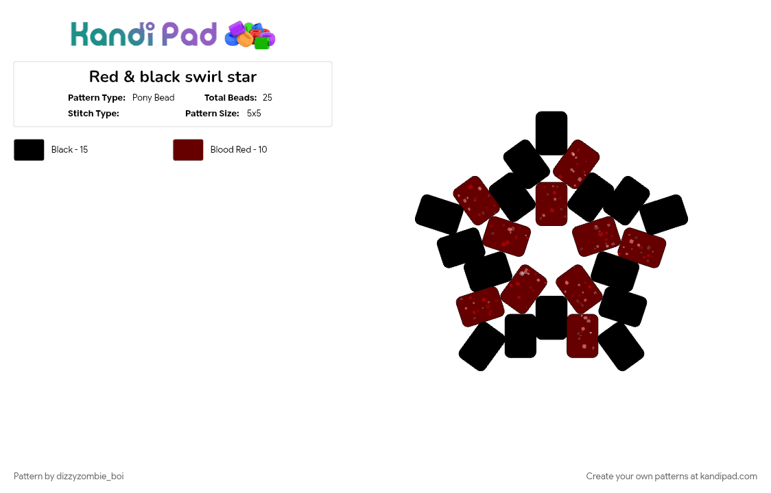 Red & black swirl star - Pony Bead Pattern by dizzyzombie_boi on Kandi Pad - black, brown, emo, grunge, keychain, scene, scenecore, star