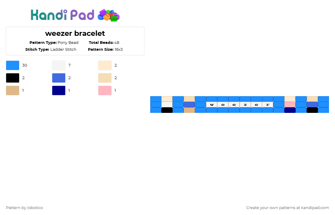 weezer bracelet - Pony Bead Pattern by lobotico on Kandi Pad - gotta, i, light blue, lol, pee, weeze, weezer, welp