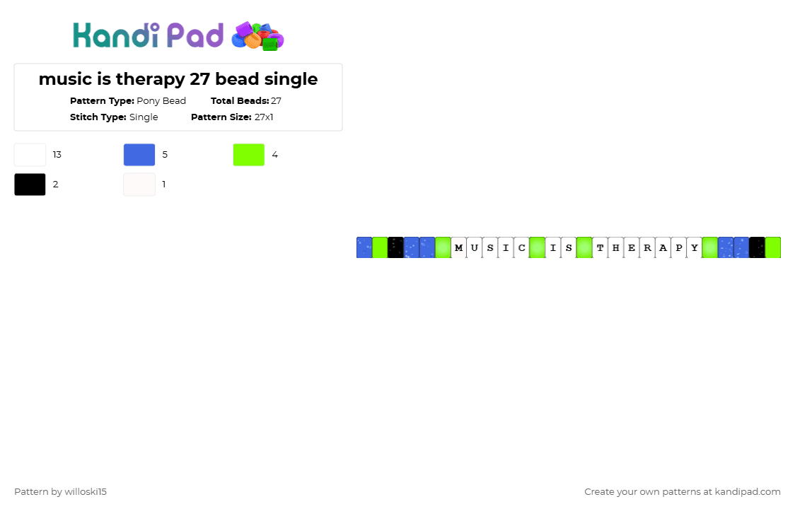 music is therapy 27 bead single - Pony Bead Pattern by willoski15 on Kandi Pad - blue,green