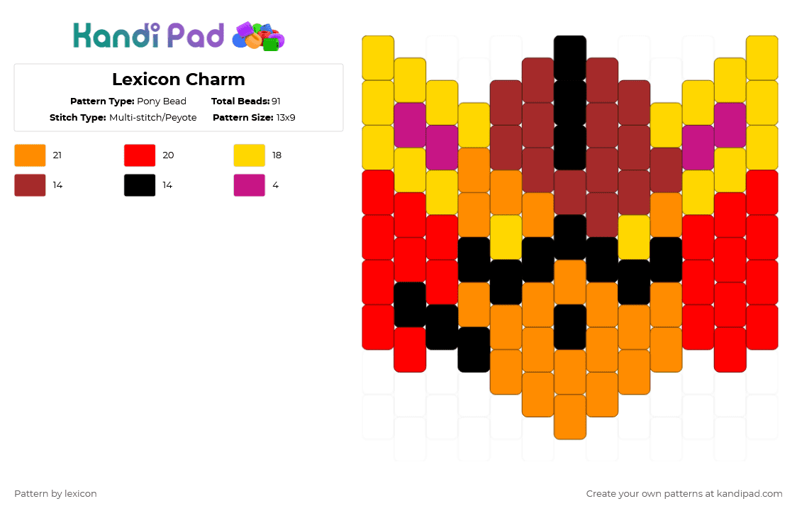 Lexicon Charm - Pony Bead Pattern by lexicon on Kandi Pad - red,orange,yellow,black