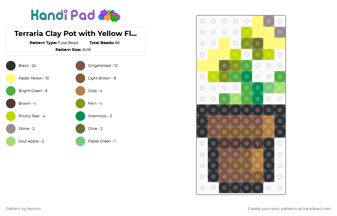 Terraria Clay Pot with Yellow Flower - Fuse Bead Pattern by lexicon on Kandi Pad - tan,yellow,green,terraria,clay pot,flower,brown